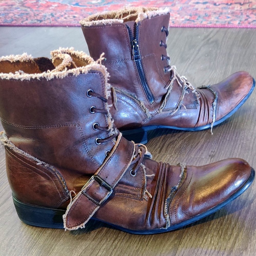 OSSTONE Dress Boot for Men Leather Chukka Designer Zip-up & Buckle